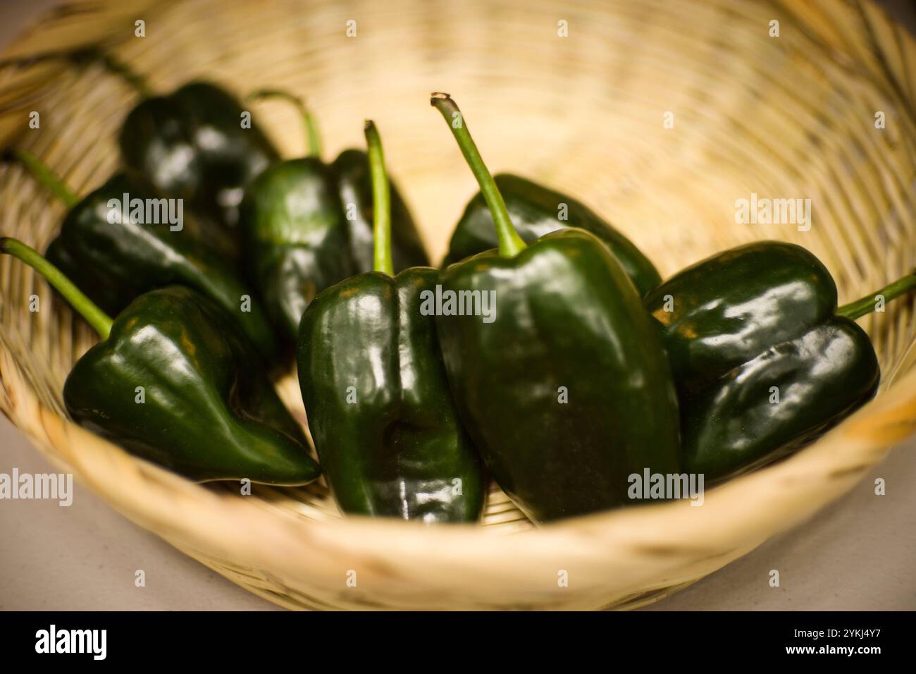 Bowl of Poblano chile peppers Stock Photo