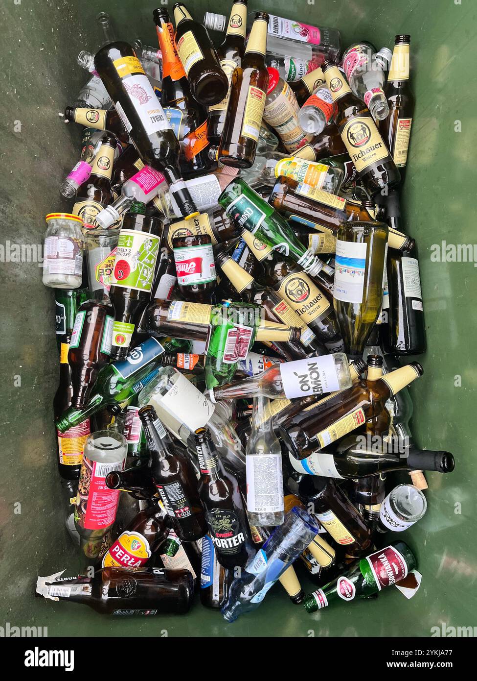 bottles, collection bin, recycling, recyclables, glass waste, bin, Poland, Europe, EU, full bin bottles, bottle collection, - Smartphone Captured Stock Image