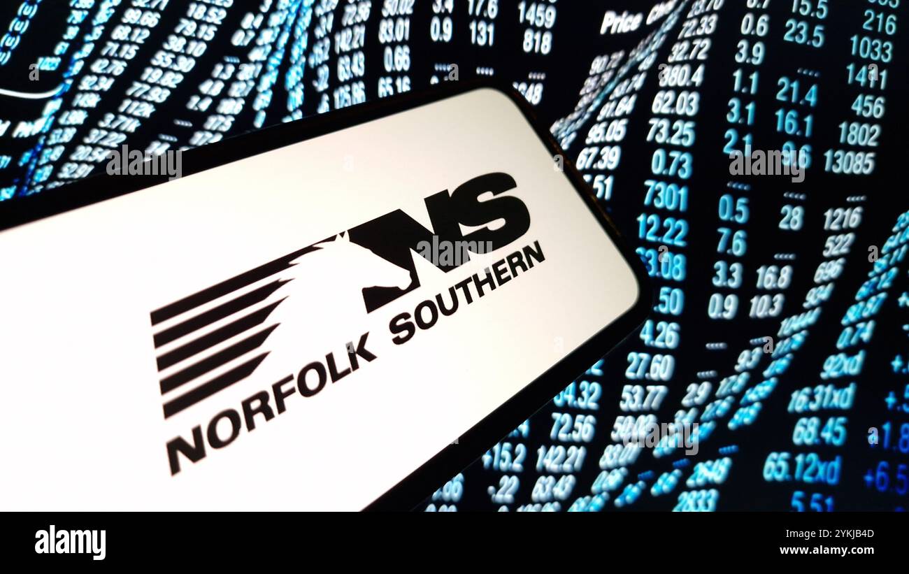 Konskie, Poland - November 18, 2024: Norfolk Southern company logo displayed on mobile phone Stock Photo