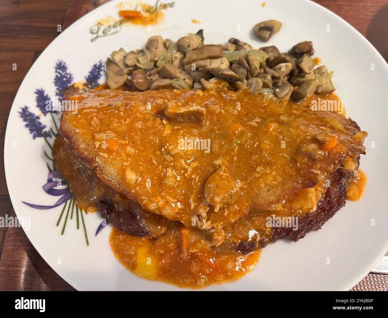 Polish food, Gdansk Milk Bar, Placek po cygańsku, Polish dish, served food, Milk Bar dish, Bar Mleczny dish, Milk Bar food, Poland food, Europe, EU - Smartphone Captured Stock Image