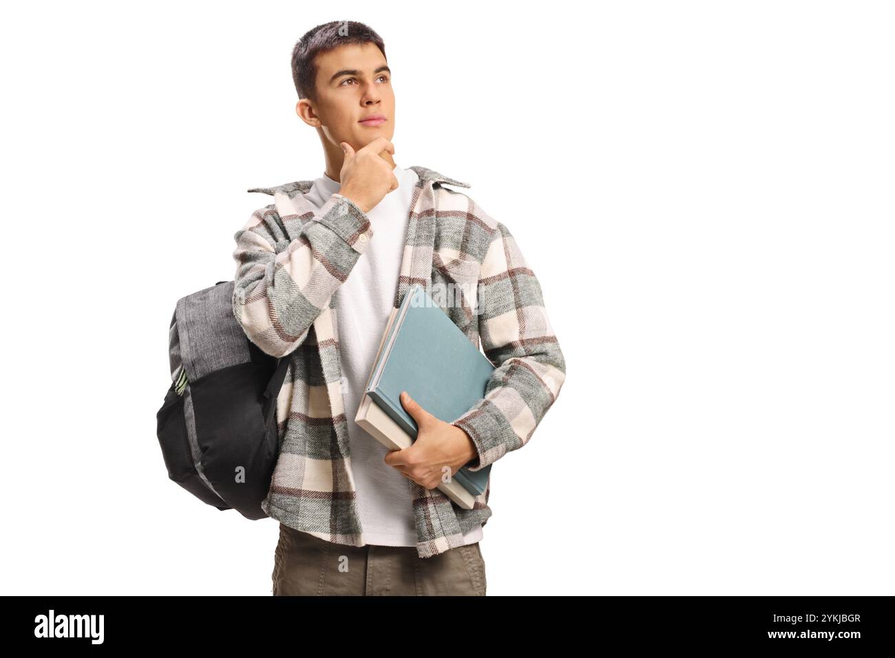 Male student with backpack and books standing and thinking isolated on ...