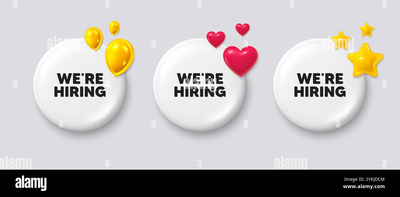 We are hiring symbol. Recruitment agency sign. White buttons with 3d ...