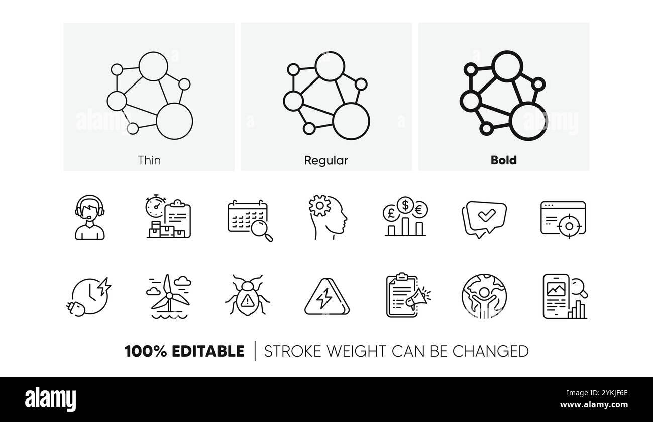 Currency rate, Charging time and Megaphone checklist line icons. For ...