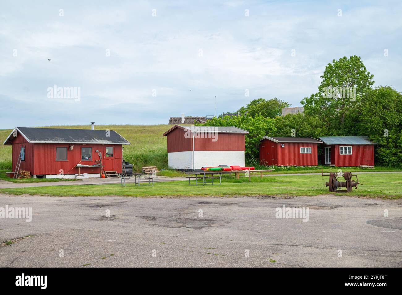 sheds in port of village of Nyord in Denmark Stock Photo