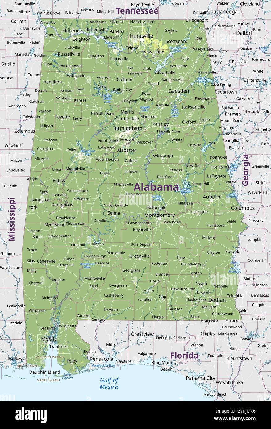 Physical political map of Alabama - Physical Political Map Of Alabama United States 2YKJMX6 