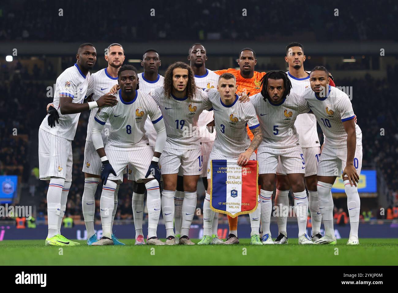 Milan, Italy. 17th Nov, 2024. The France starting eleven line up for a team photo prior to kick off, back row ( L to R ); Marcus Thuram, Adrien Rabiot, Randal Kolo Muani, Ibrahima Konate, Mike Maignan and William Saliba, front row ( L to R ); Manu Kone, Matteo Guendouzi, Lucas Digne, Jules Kounde and Christopher Nkunku, in the UEFA Nations League match at Stadio Giuseppe Meazza, Milan. Picture credit should read: Jonathan Moscrop/Sportimage Credit: Sportimage Ltd/Alamy Live News Stock Photo