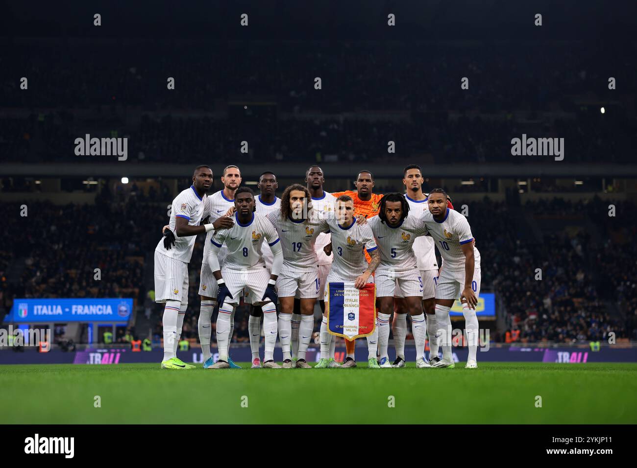 Milan, Italy. 17th Nov, 2024. The France starting eleven line up for a team photo prior to kick off, back row ( L to R ); Marcus Thuram, Adrien Rabiot, Randal Kolo Muani, Ibrahima Konate, Mike Maignan and William Saliba, front row ( L to R ); Manu Kone, Matteo Guendouzi, Lucas Digne, Jules Kounde and Christopher Nkunku, in the UEFA Nations League match at Stadio Giuseppe Meazza, Milan. Picture credit should read: Jonathan Moscrop/Sportimage Credit: Sportimage Ltd/Alamy Live News Stock Photo