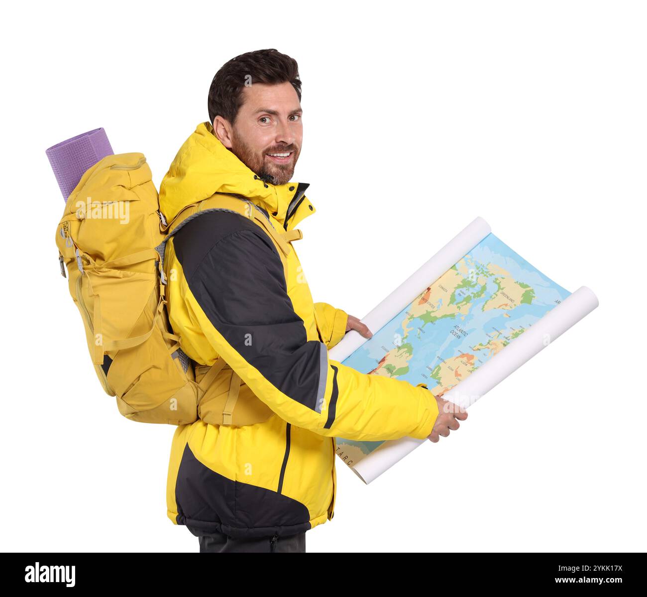 Man traveler backpack map Cut Out Stock Images & Pictures - Alamy