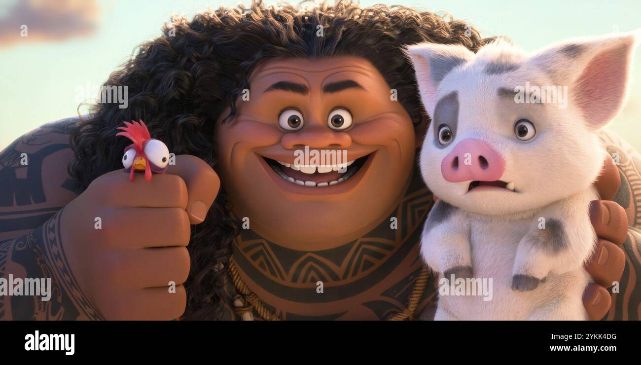MOANA 2, Hei Hei (left, voice Alan Tudyk), Maui (center,