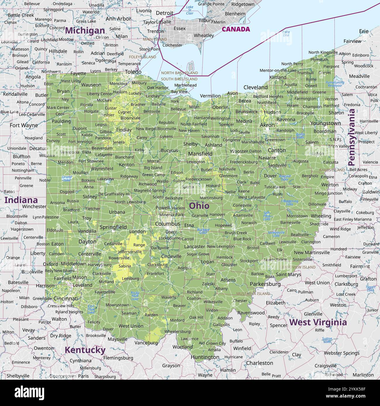 Physical political map of Ohio - Physical Political Map Of Ohio United States 2YKK58F 