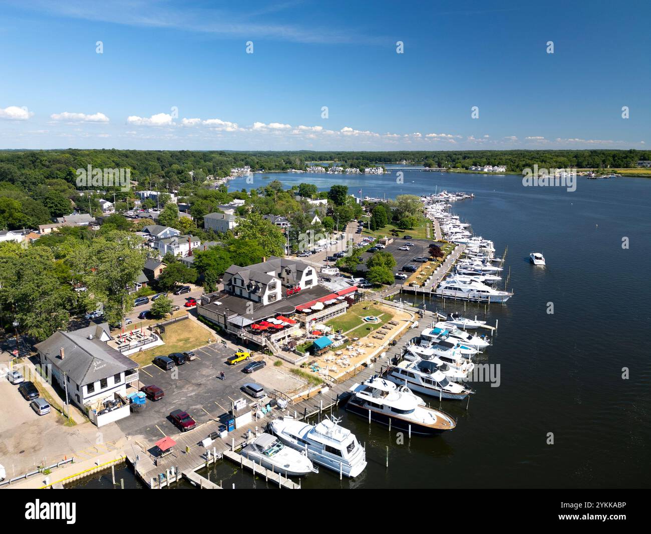 Aerial view of the town Saugatuck and the Kalamazoo River in Michigan under a summer blue sky Stock Photo