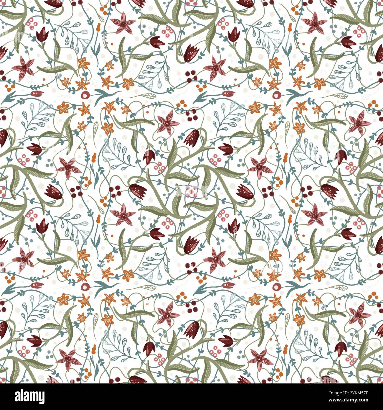 A vibrant floral pattern featuring diverse, beautiful blossoms and greenery, ideal for stylish, chic designs. Digital art on a white background, for printing on fabric and paper. Stock Photo