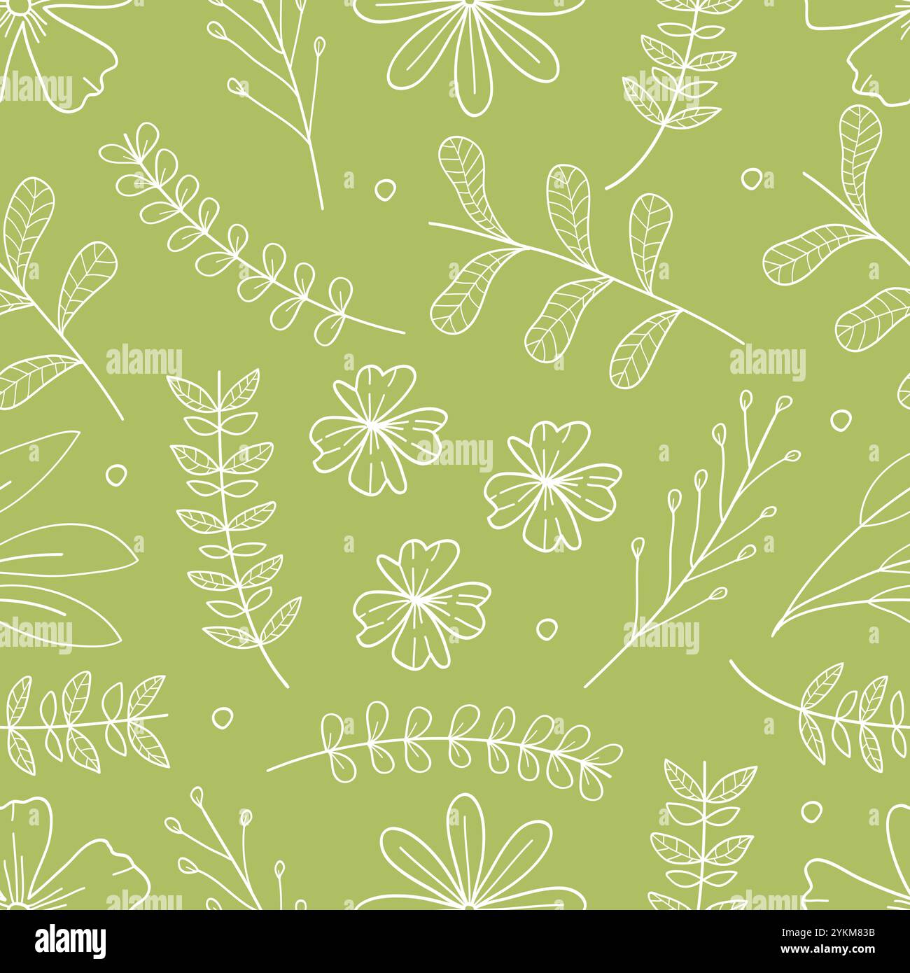 Green seamless pattern leaves and flowers hand-drawn .Vector ...