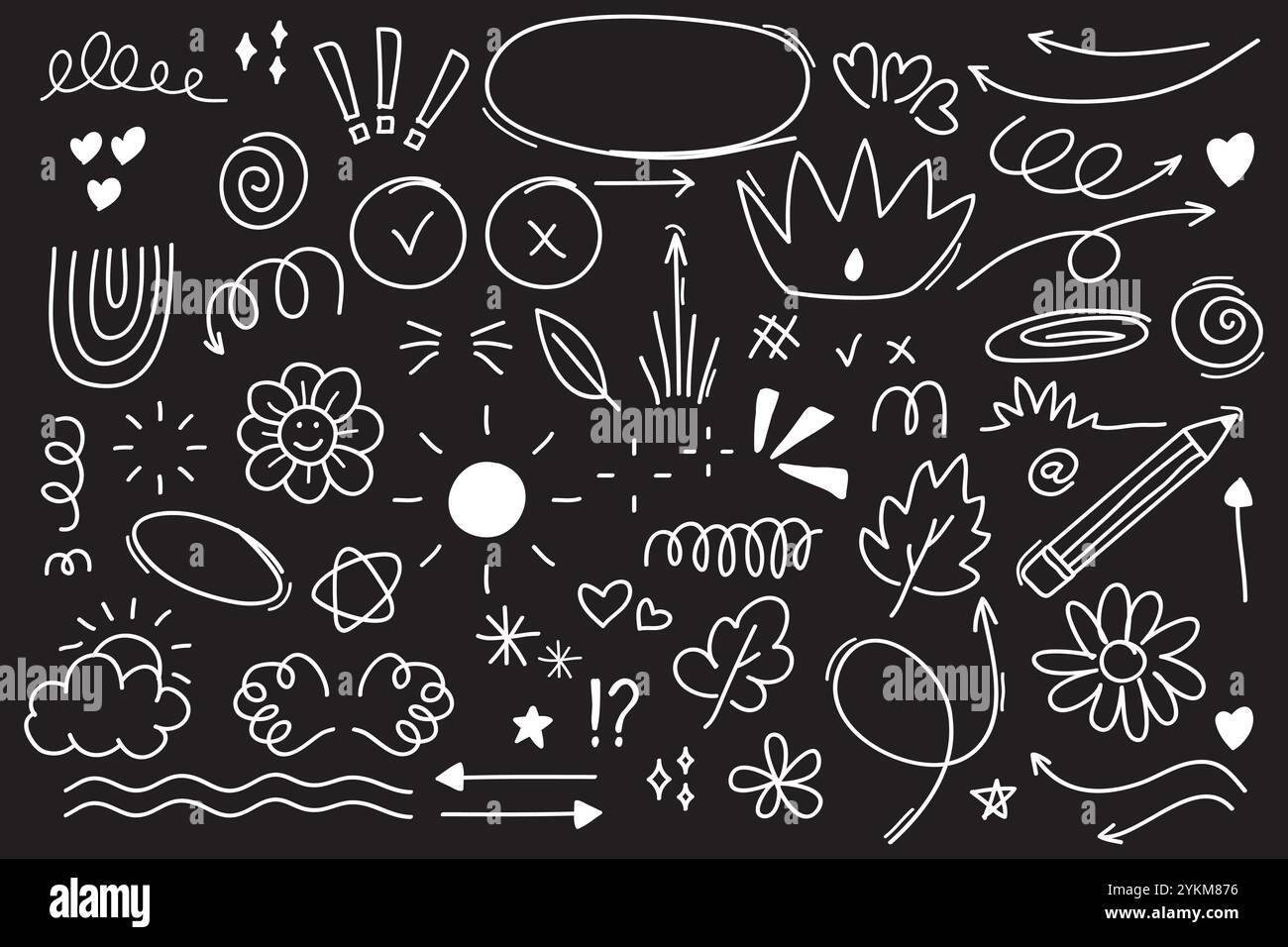 Set of cute pen line doodle element vector isolated on black background ...