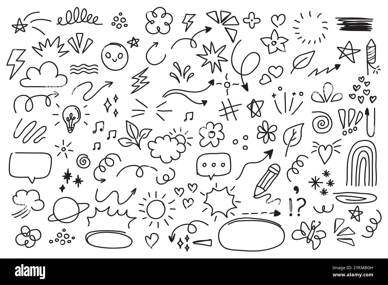Set of cute pen line doodle element isolated on white background. Hand ...