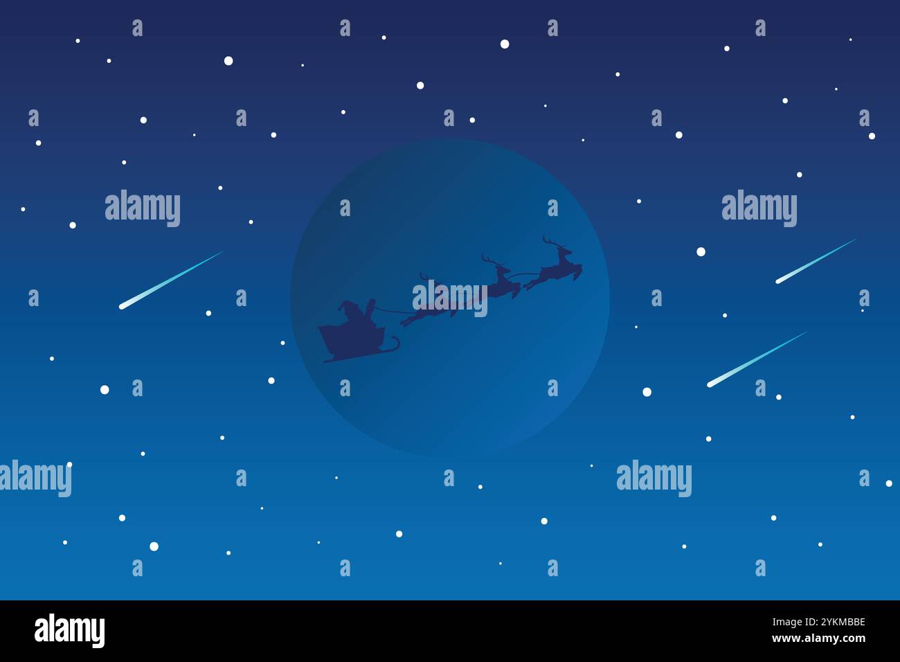 Santa Claus and his reindeer sleigh in silhouette against moon and ...