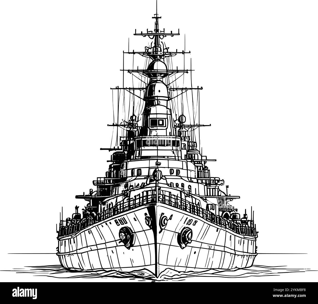 A detailed line drawing of a large battleship, likely a World War II ...