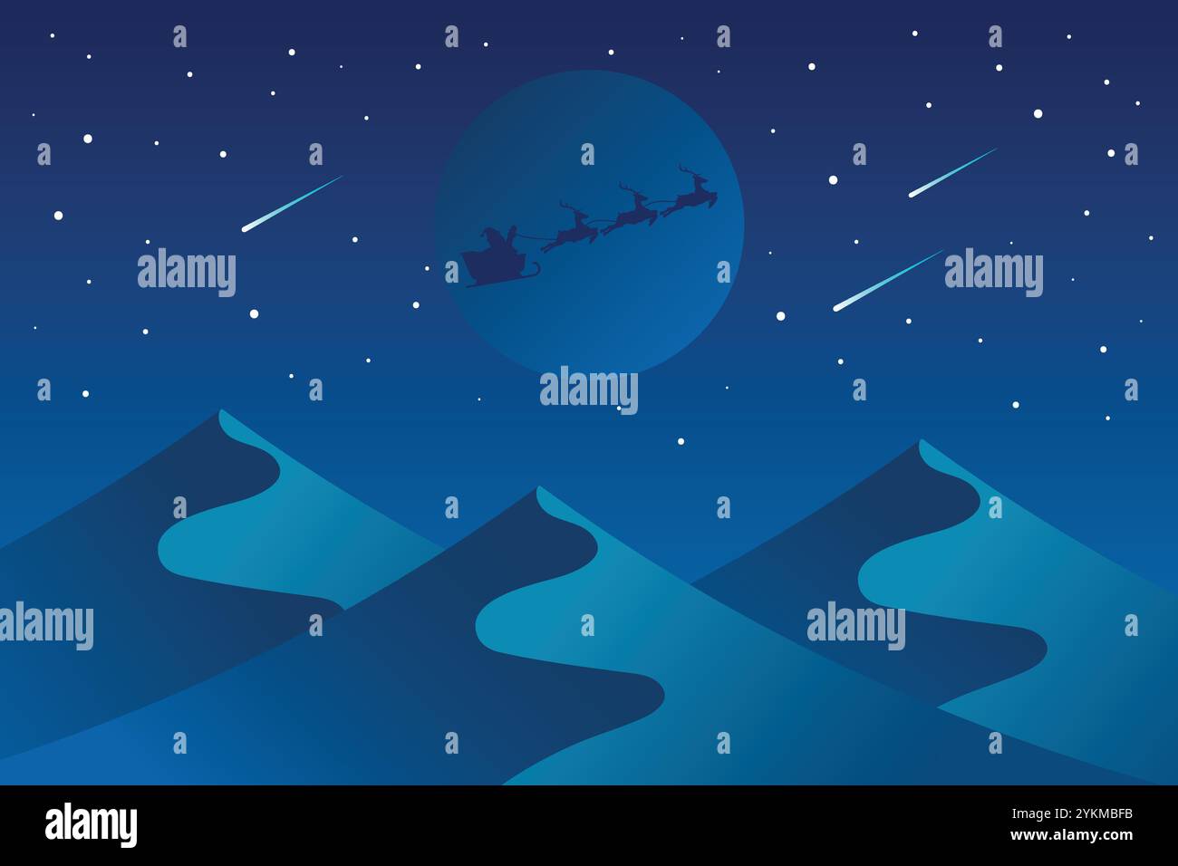 Santa Claus and his reindeer sleigh in silhouette against moon with ...