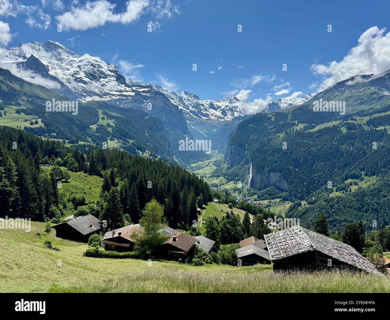 A pretty summer view of the Lauterbrunnen Valley in the Swiss Alps, as seen from an alpine pasture on the outskirts of the village of Wengen. - Smartphone Captured Stock Image