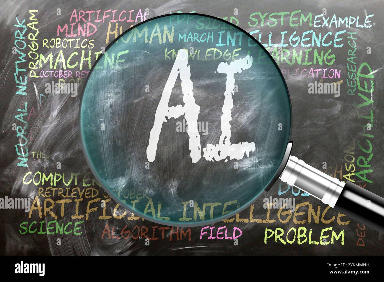 Ai being studied, examined - under close inspection. Most important subjects and ideas closely related to ai written as a word cloud on a blackboard i Stock Photo