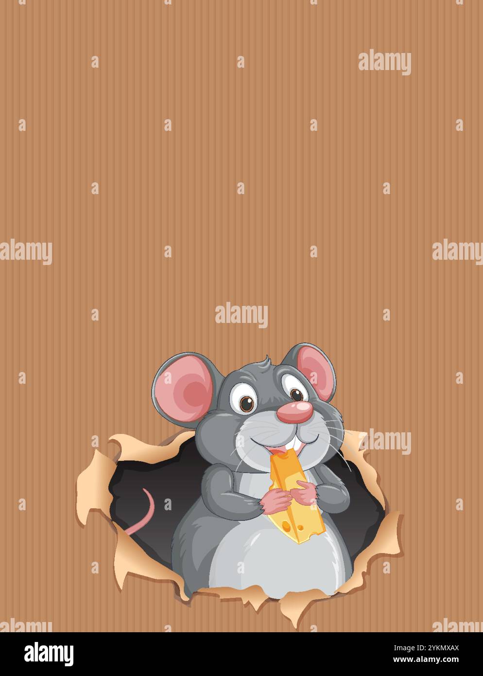 A cute mouse holding cheese in a hole Stock Vector