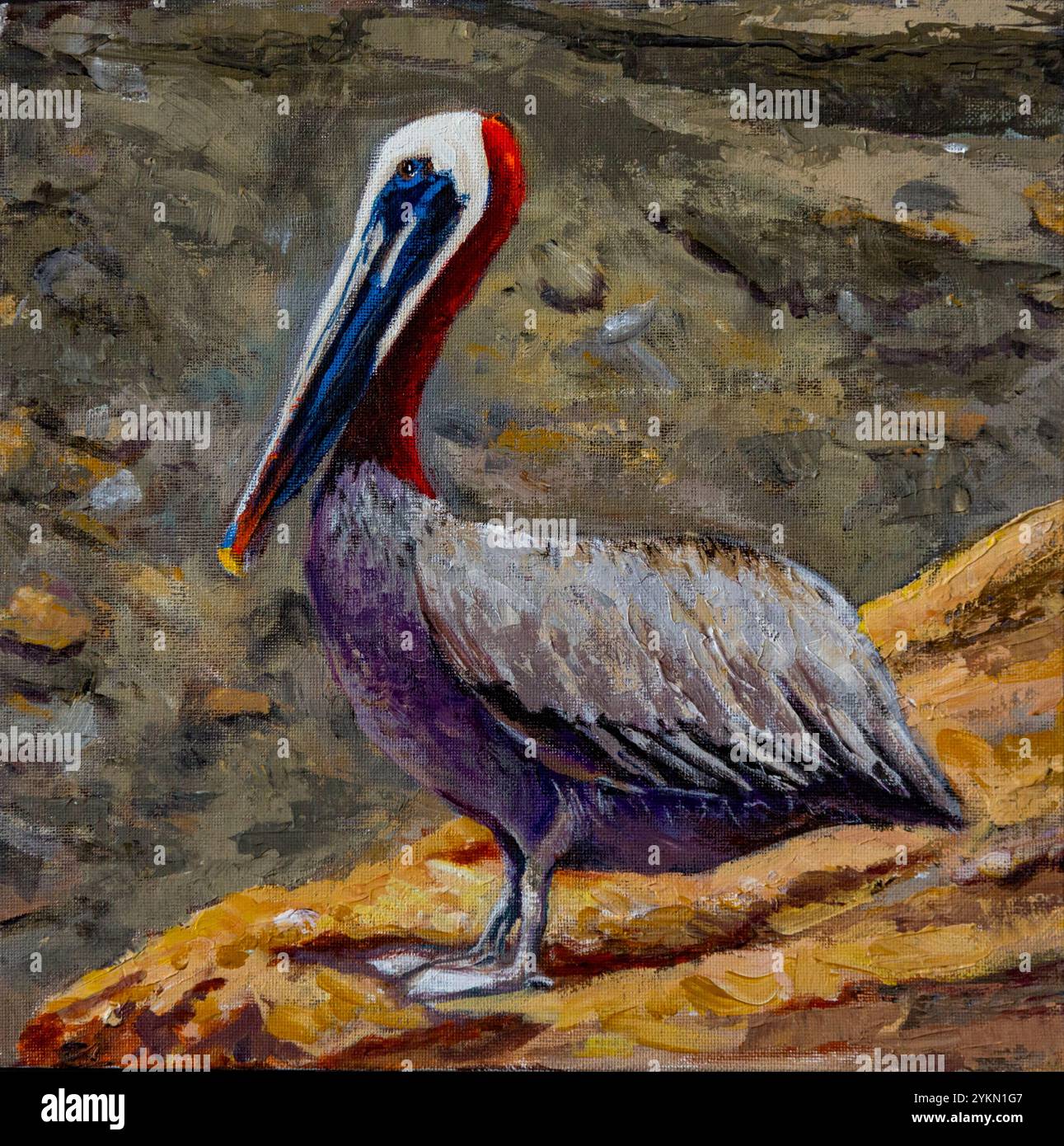 Colorful impasto painting of a brown pelican standing on a rock, showcasing the bird's unique features and vibrant plumage Stock Photo