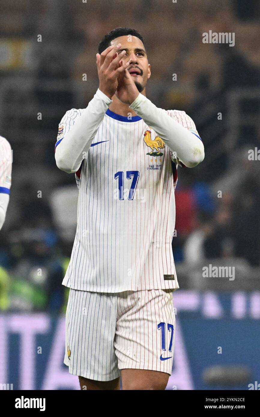 William Saliba (FRA) celebrate the victory during the UEFA Nations League Matchday 6 match between Italy and FRance at the San Siro Stadium on Novembe Stock Photo