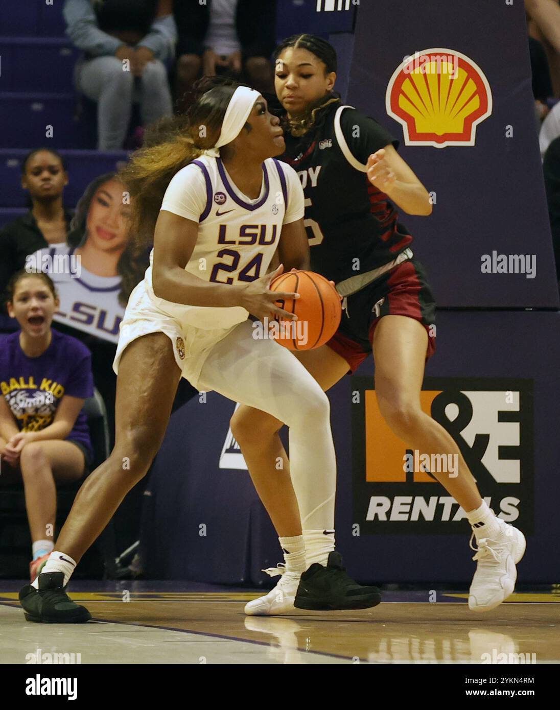 Baton Rouge, United States. 18th Nov, 2024. LSU Lady Tigers guard Aneesah Morrow (24) tries to make a move against Troy Trojans forward Zay Dyer (5) during a women's basketball game at the Pete Maravich Assembly Center on Monday, November 18, 2024 in Baton Rouge, Louisiana. (Photo by Peter G. Forest/SipaUSA) Credit: Sipa USA/Alamy Live News Stock Photo