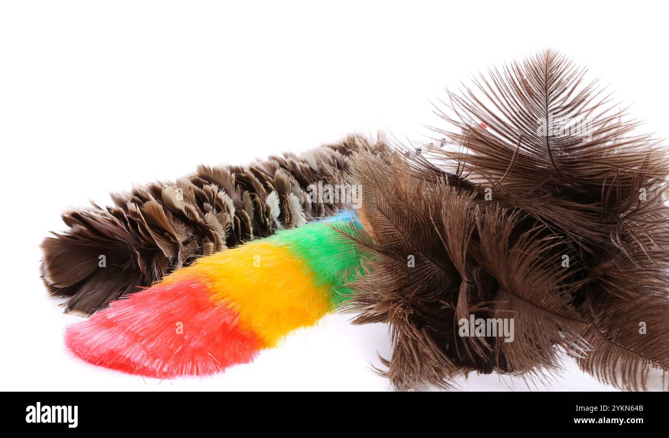 Three different dusters on a white background Stock Photo