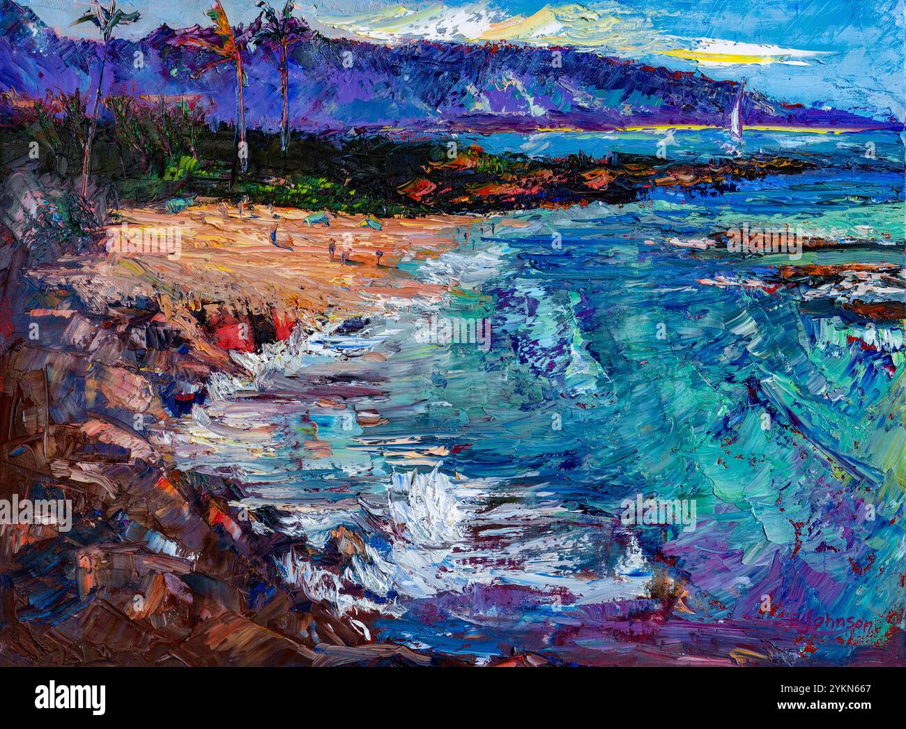 Colorful impasto painting of a beautiful tropical beach with breaking waves and distant sailboat, evoking a sense of tranquility Stock Photo