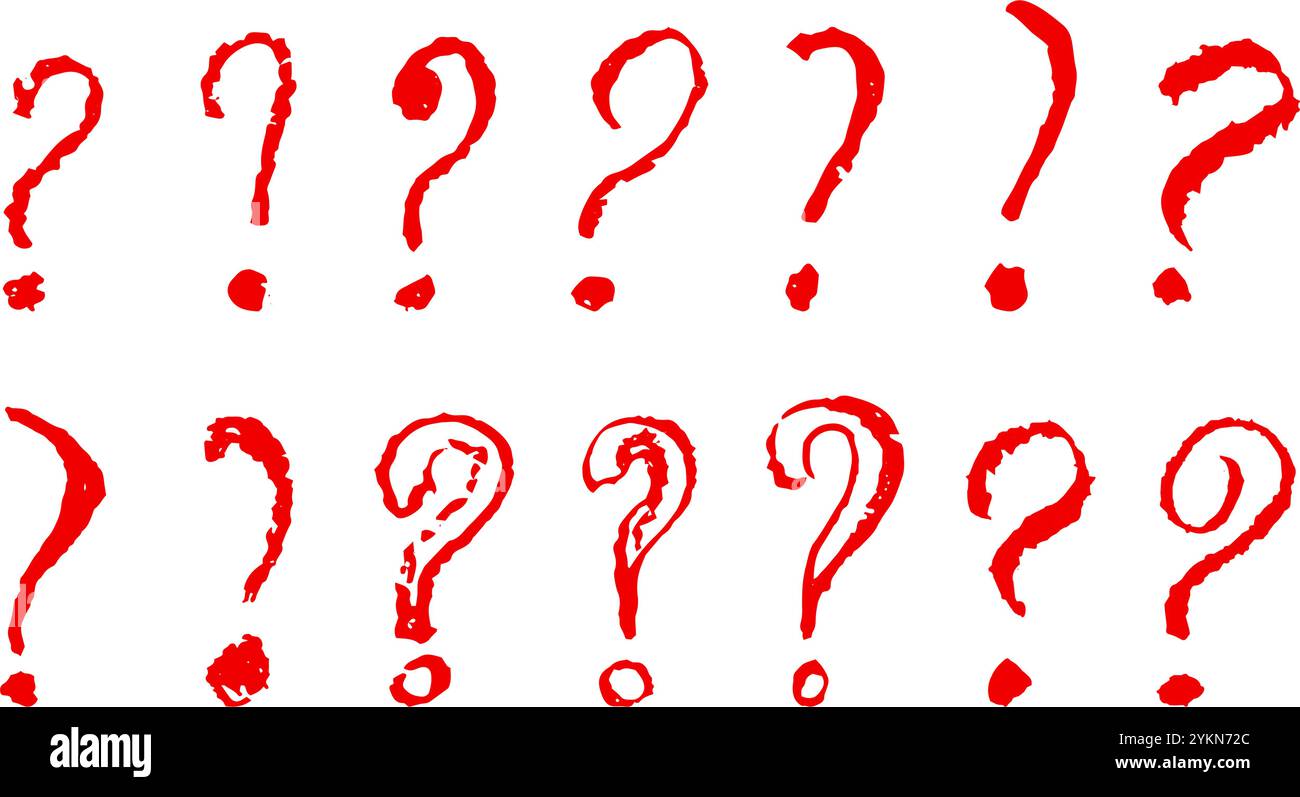 Question mark symbols set. Red pencil school kid handwritten ask signs ...