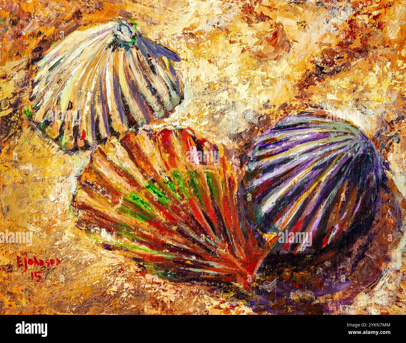 Impasto painting depicting three colorful seashells resting on the sand, evoking a summer beach atmosphere Stock Photo