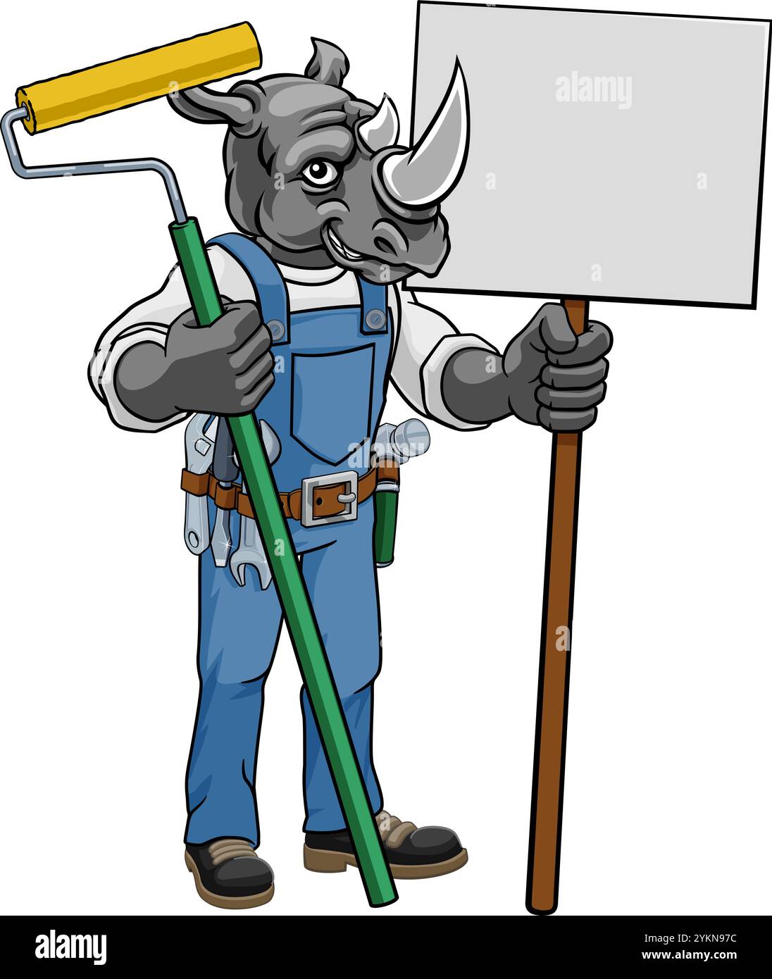 Rhino Painter Decorator Paint Roller Mascot Man Stock Vector