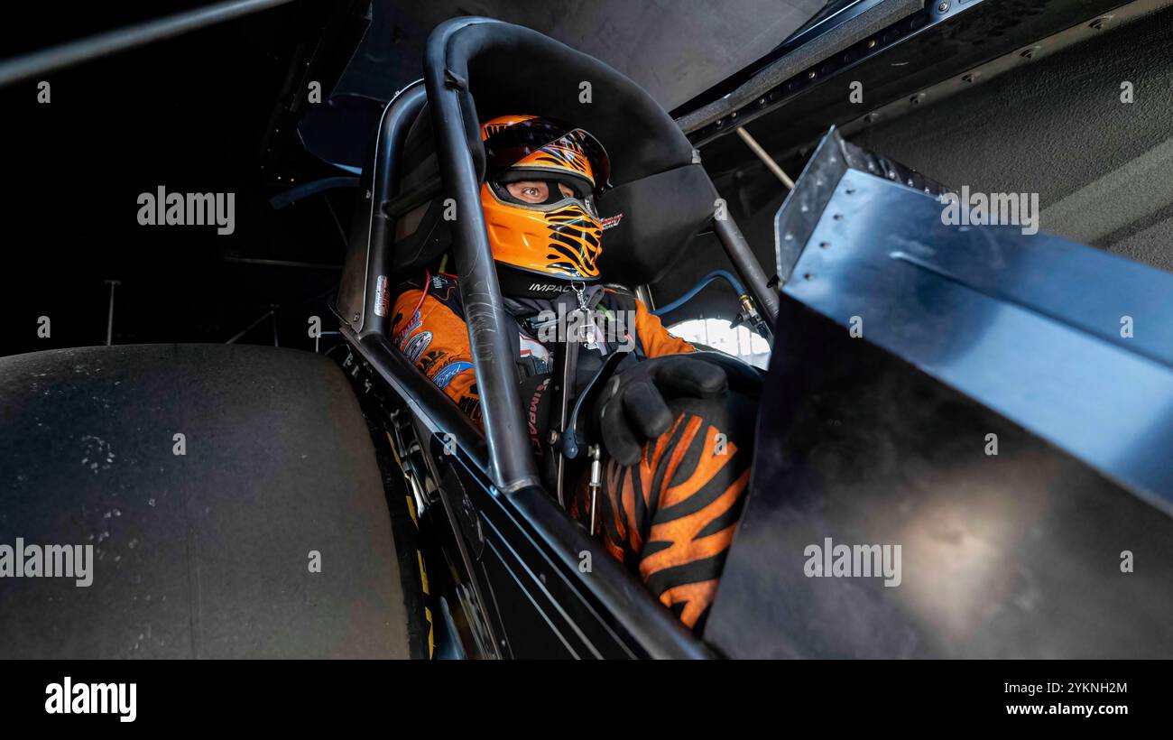 Pomona, United States. 16th Nov, 2024. Tony Schumaker prepares for his drag race at the NHRA finals taking place at the In-N-Out Pomona dragstrip. Drag Racers meet at the NHRA finals at the In-N-Out Burger drag strip to determine the winners of the 2024 Drag Racing season. Credit: SOPA Images Limited/Alamy Live News Stock Photo