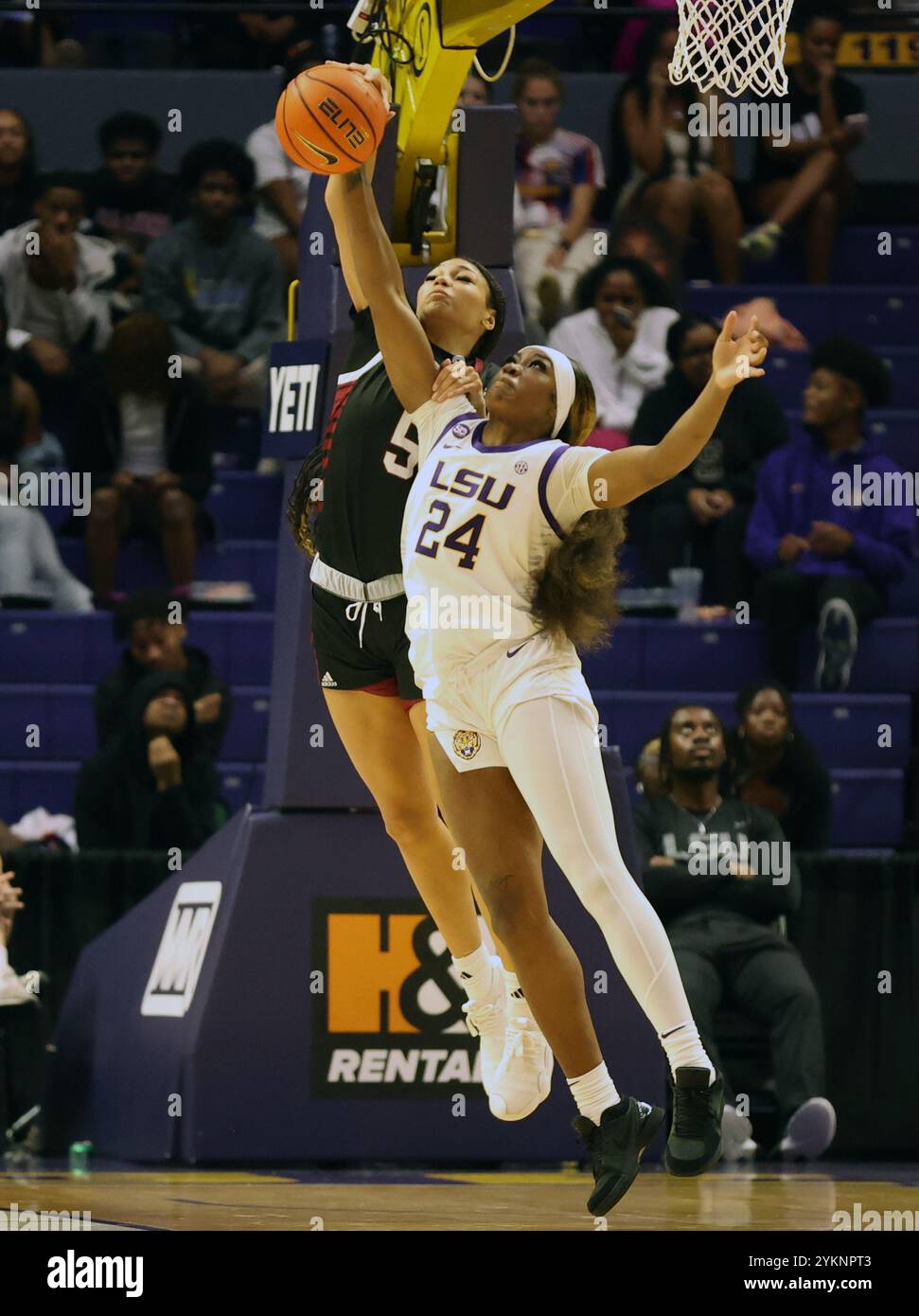 Baton Rouge, United States. 18th Nov, 2024. LSU Lady Tigers guard Aneesah Morrow (24) tries to intercept a pass that was intended for Troy Trojans forward Zay Dyer (5) during a women's basketball game at the Pete Maravich Assembly Center on Monday, November 18, 2024 in Baton Rouge, Louisiana. (Photo by Peter G. Forest/SipaUSA) Credit: Sipa USA/Alamy Live News Stock Photo