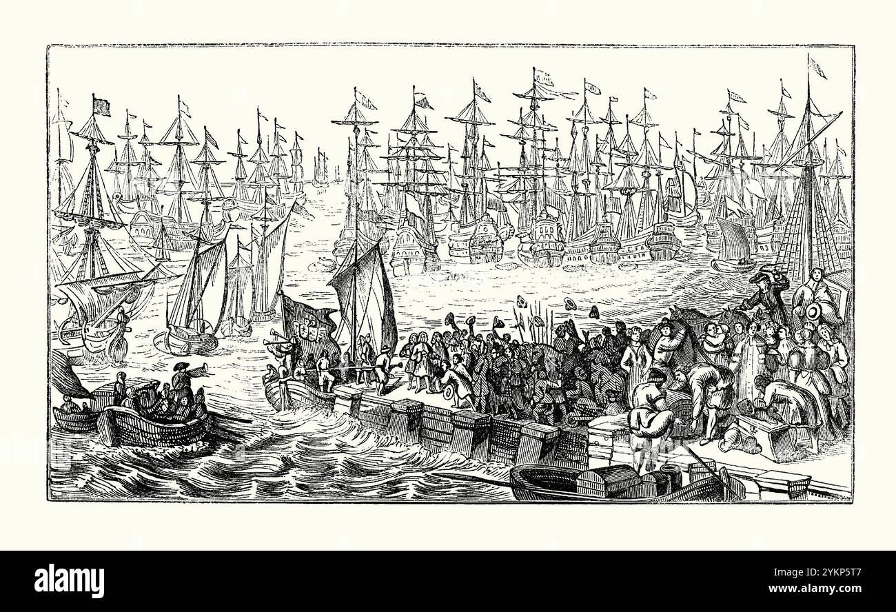 William of Orange (William III of England) setting out from the River Maas at Helvoetsluys, Holland in 1688, departing for England to seize the English throne (the ‘Glorious Revolution’) – it is from a Victorian history book. The fleet was large, with of 50 ships of the line, 50 smaller warships and fireships and around 400 transports, 5000 horses and 40,000 crewmen and soldiers. The embarkation alone took 16 days. Thousands turned out to watch the event from shore. Stock Photo