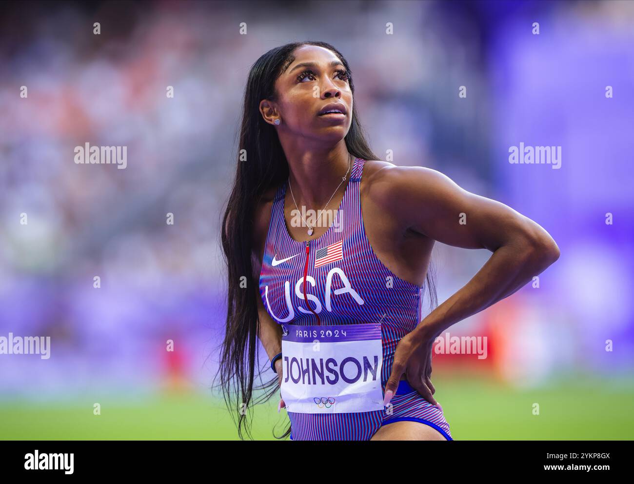 Alaysha Alaysha Johnson participating in the 100 meters hurdles at the Paris ...