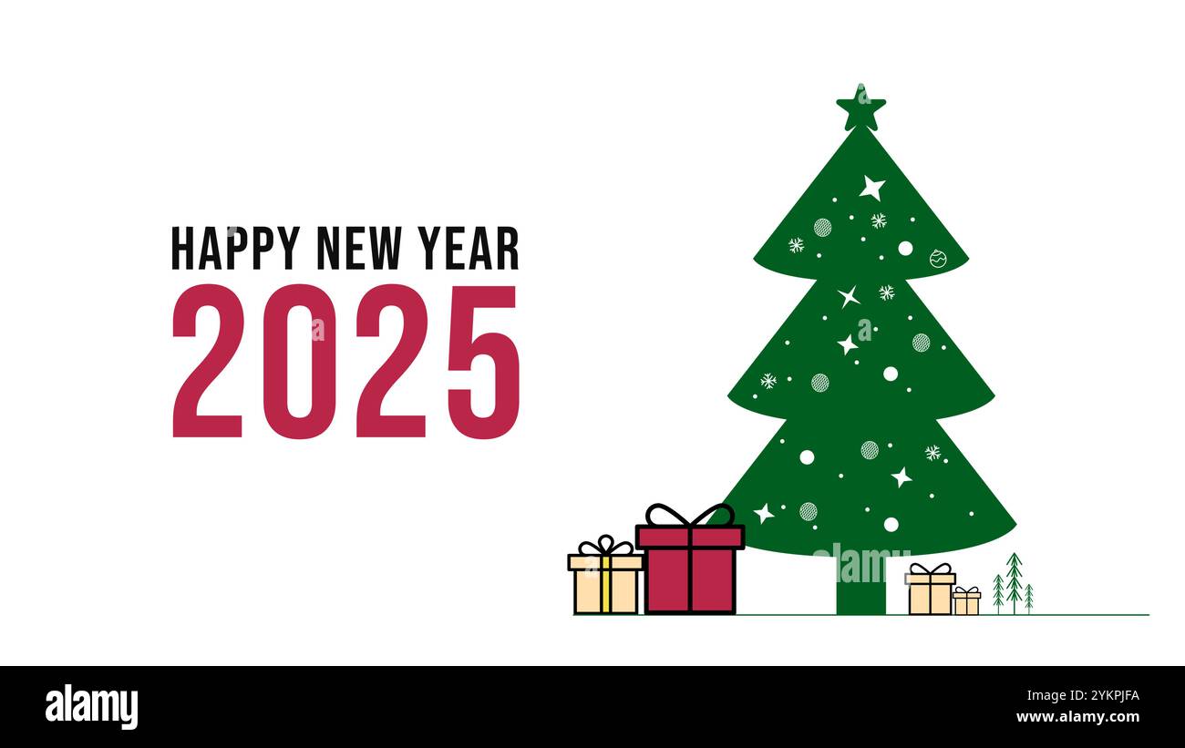 Happy New Year 2025 Christmas tree and Gift Box, minimalist flat style, illustration vector