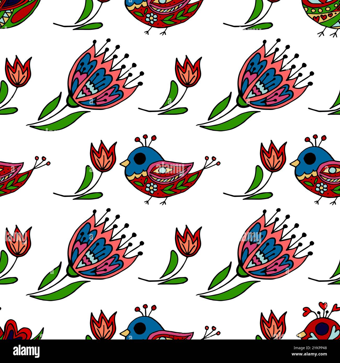 Folk bird and flower ornament. Seamless pattern. Pattern in hand draw style, created for fabrics, etc Stock Vector