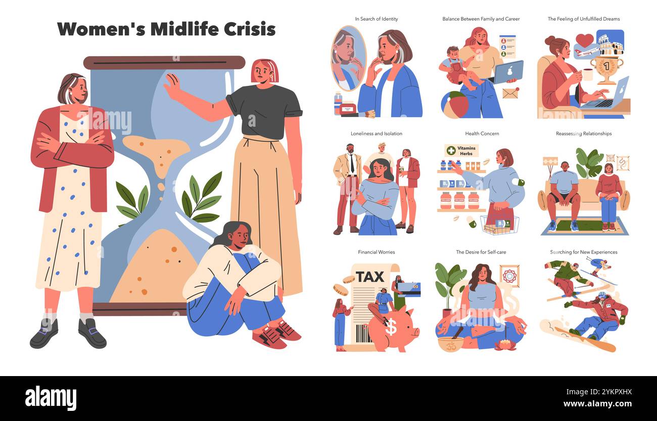 Women's Midlife Crisis set. Illustration of personal growth challenges ...