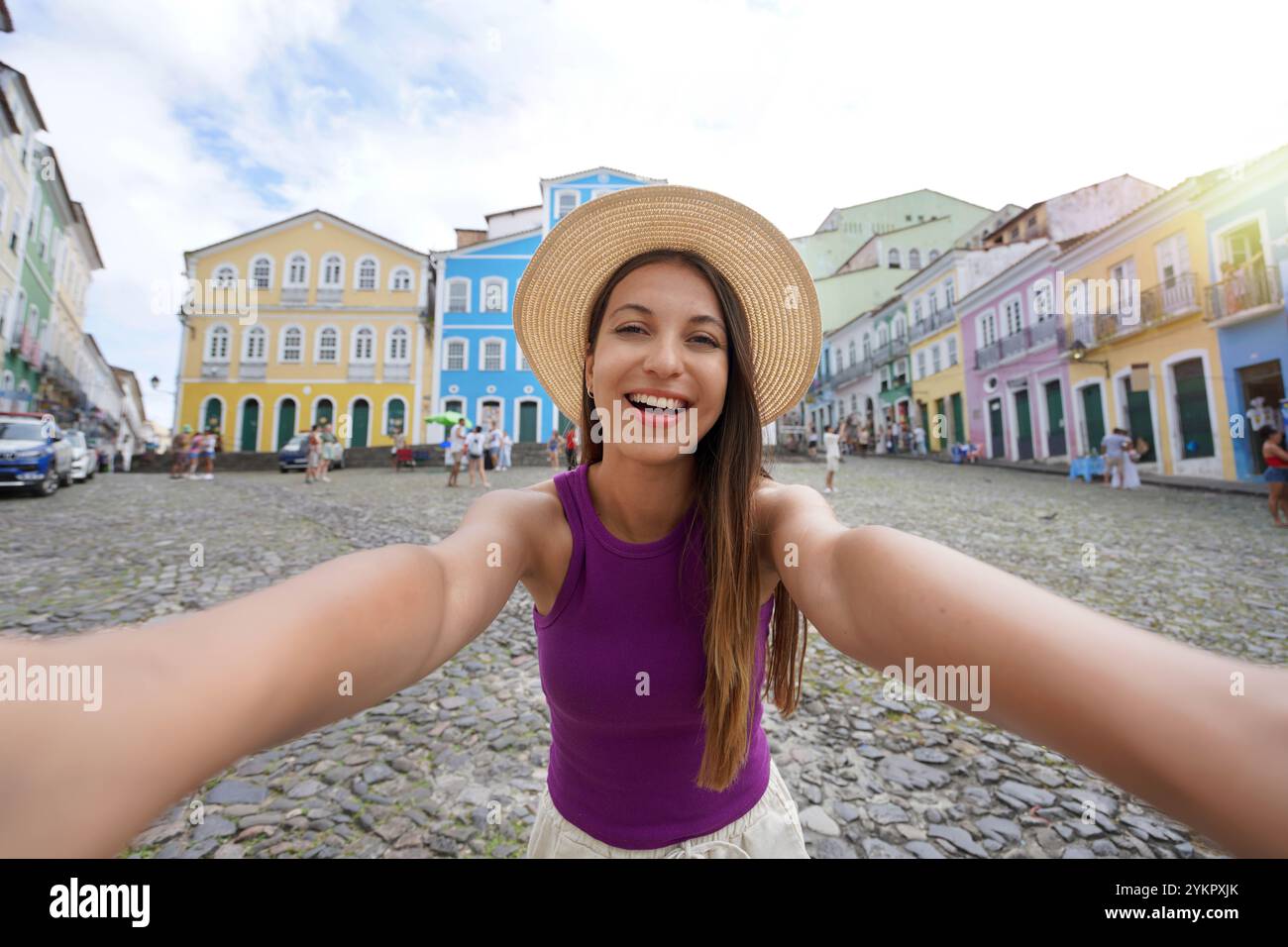 Tourism in Salvador de Bahia. Selfie photo of beautiful smiling girl ...