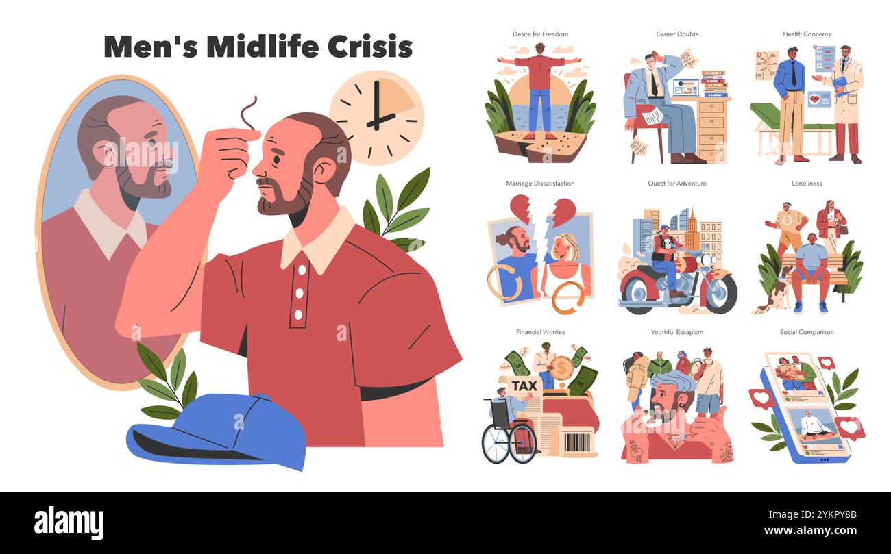 Men's Midlife Crisis concept. Exploration of aging challenges ...
