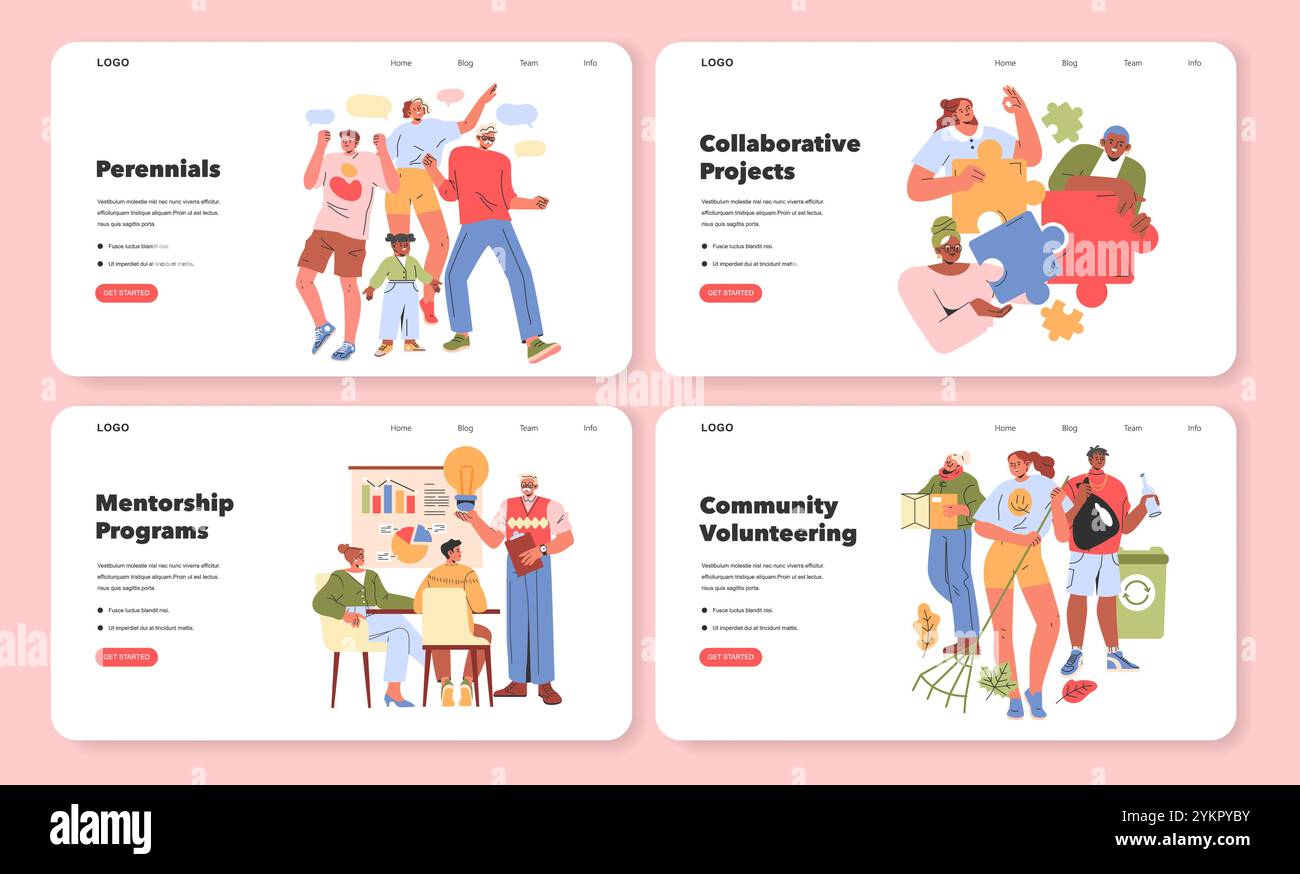 Inclusive community set. Multigenerational interaction through perennials, collaborative projects, mentorship, and volunteering. Diverse age groups engaging in society. Vector illustration. Stock Vector