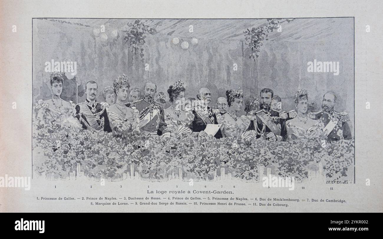 Queen Victoria’s Diamond Jubilee. June 1897 The Royal Lodge at Covent-Garden. 1. Princess of Wales. 2. Prince of Naples. 3. Duchess of Hesse. 4. Prince of Wales 5. Princess of Naples 6. Duke of Mecklenburg 7. Duke of Cambridge 8 Marquise of Lorne 9 Grand Duke Sergius of Russia 10. Princess Henry of Prussia 11. Duke of Cobourg Stock Photo