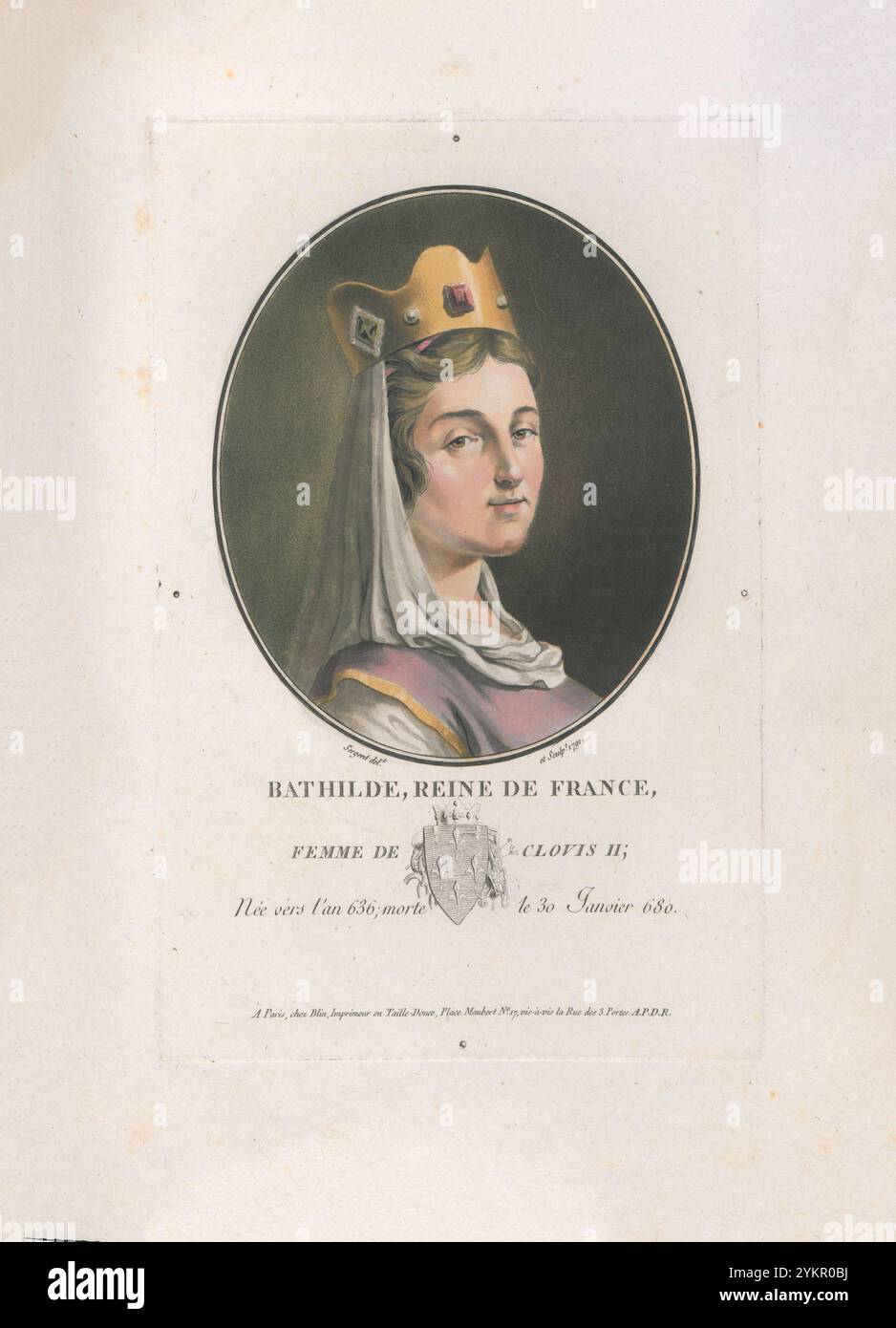 Balthild of Chelles. Engraving of 1792. Balthild (c. 626–680) (Bealdhild, 'bold sword' or 'bold spear), also spelled Bathilda, Bauthieult or Baudour, was queen consort of Neustria and Burgundy by marriage to Clovis II, the King of Neustria and Burgundy (639–658), and regent during the minority of her son, Chlothar III. Her hagiography was intended to further her successful candidature for sainthood. Stock Photo