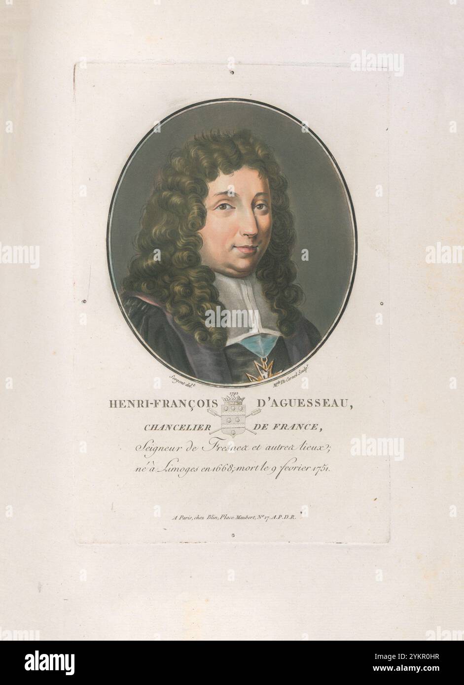 Henri François d'Aguesseau. Engraving of 1792 Henri François d'Aguesseau, seigneur de Fresnes (1668–1751) was Chancellor of France three times between 1717 and 1750 and pronounced by Voltaire to be 'the most learned magistrate France ever possessed'. Stock Photo