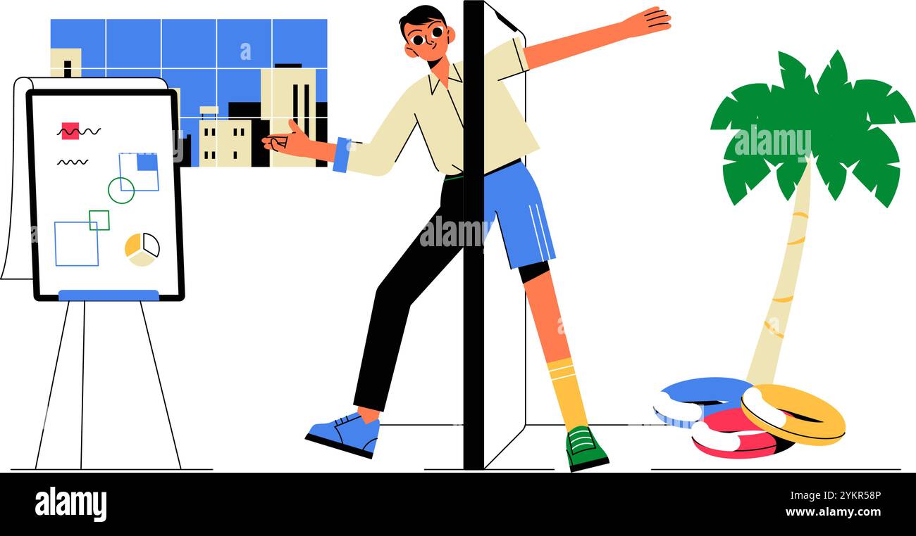 Man Dividing Office And Vacation Time In Flat Vector Illustration ...