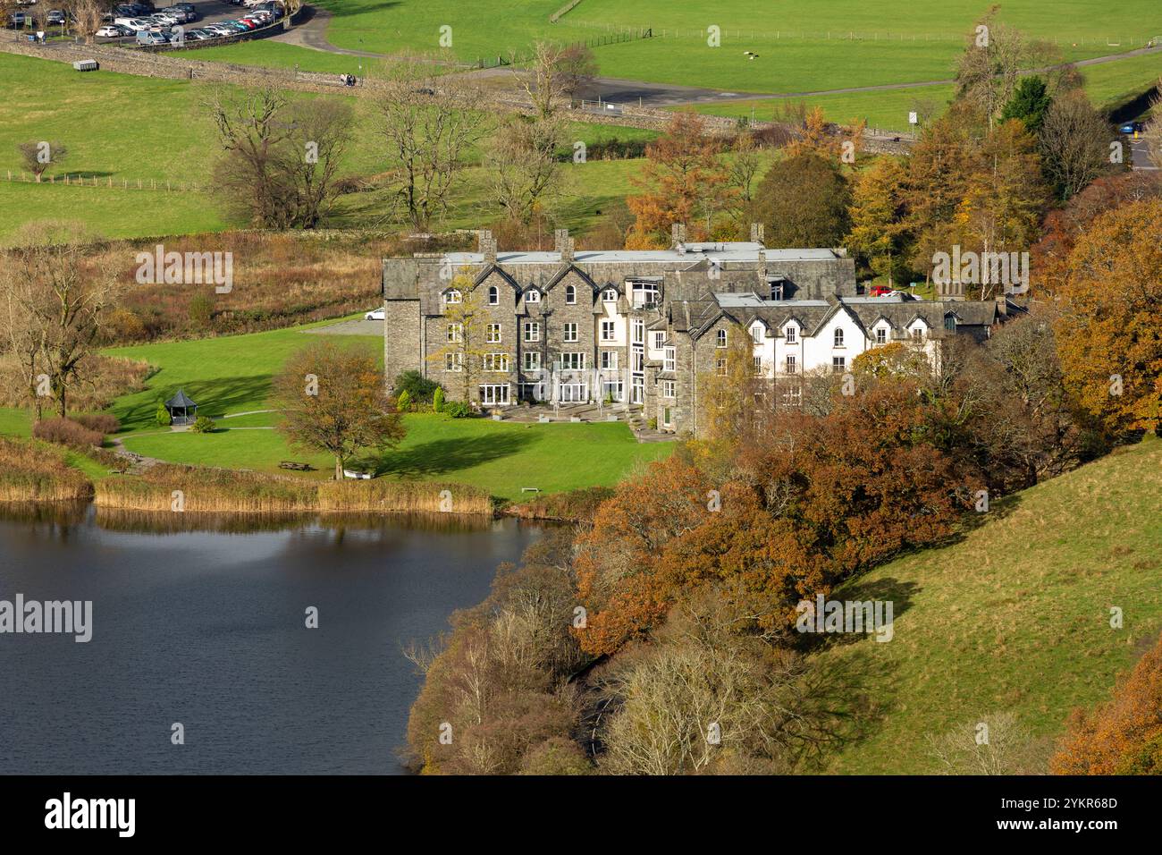 Looking down to Grasmere and the Daffodil Hotel from Loughrigg Fell, Lake District, Cumbria, England Stock Photo
