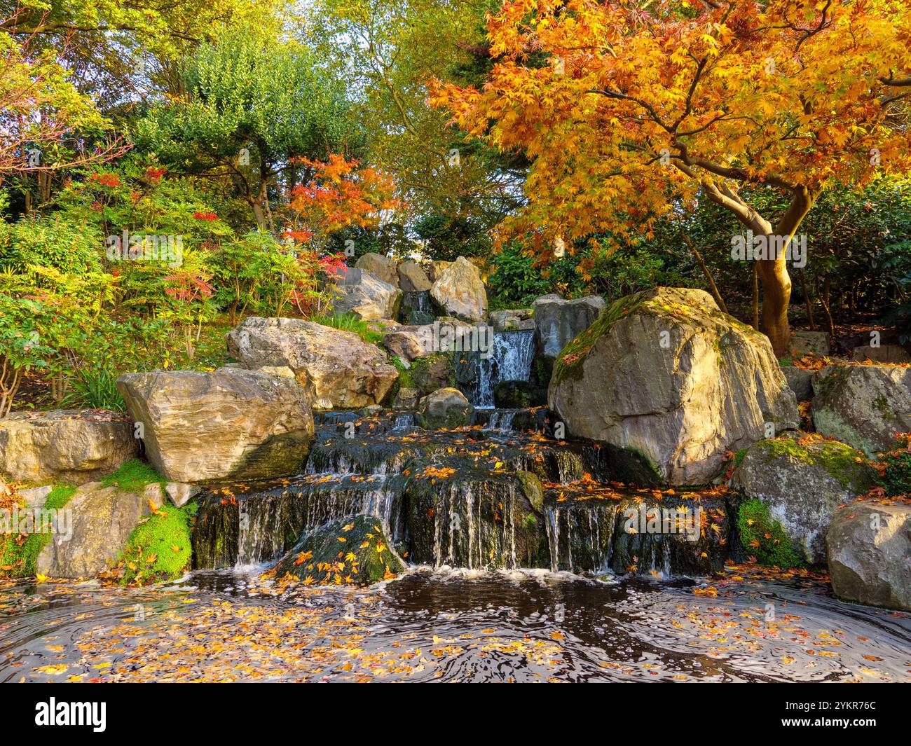Waterfall in the Kyoto Garden in Holland Park, London, UK Stock Photo