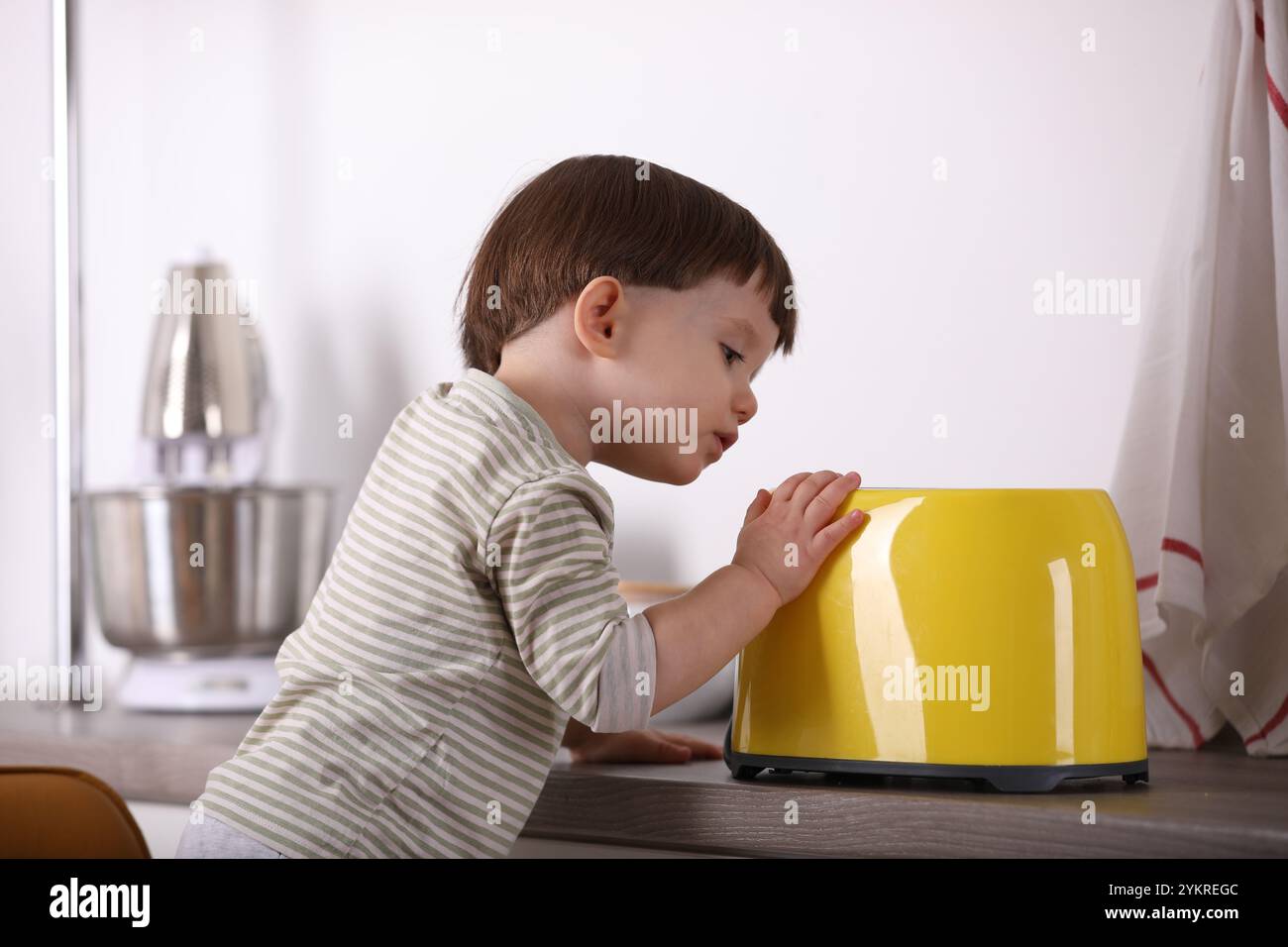 Little boy playing with toaster in kitchen. Dangerous situation Stock ...